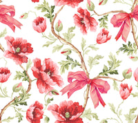 Crimson poppies and pink bows flowing over a pastel backdrop.

