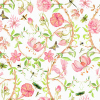 Pink Paradise Bloom wall mural with airy florals and delicate birds.

