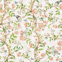 Wallpaper with pink and cream flowers, green leaves, and birds.

