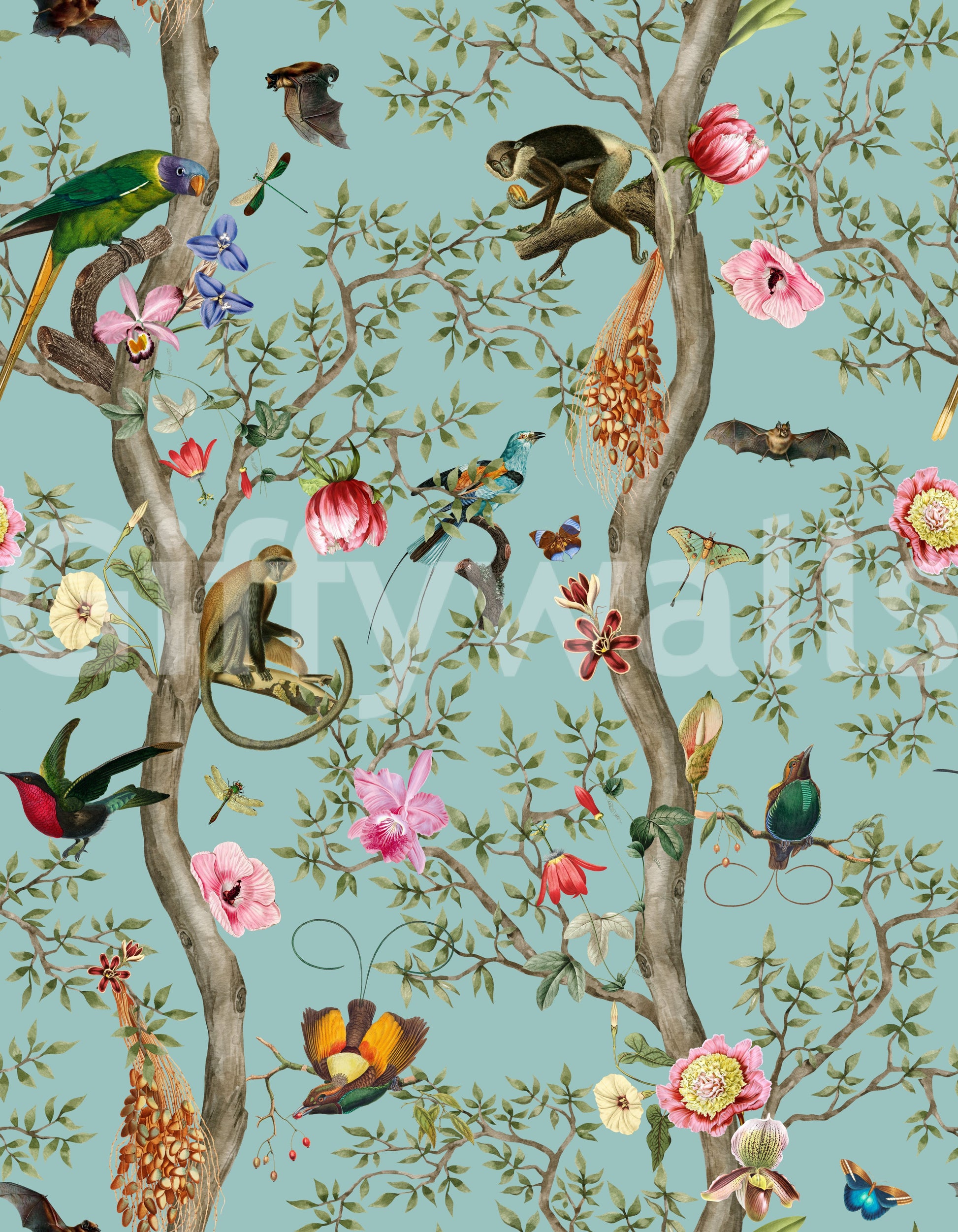 Nature-inspired wall mural with bright birds and lush background.

