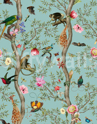 Nature-inspired wall mural with bright birds and lush background.

