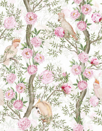 Wallpaper for walls with exotic birds and blooming peonies.


