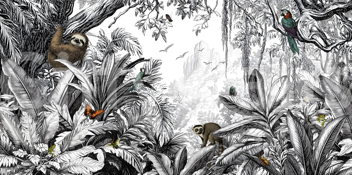 Monochrome jungle vista mural for adding style and depth to any room.

