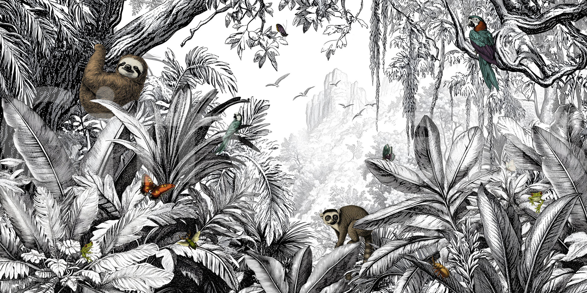 Monochrome jungle vista mural for adding style and depth to any room.

