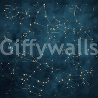 Intricate star map mural featuring zodiac signs in cosmic detail.

