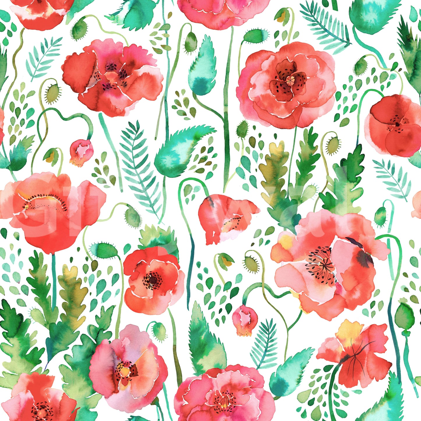 Nature-inspired floral wallpaper with red and green watercolor details.

