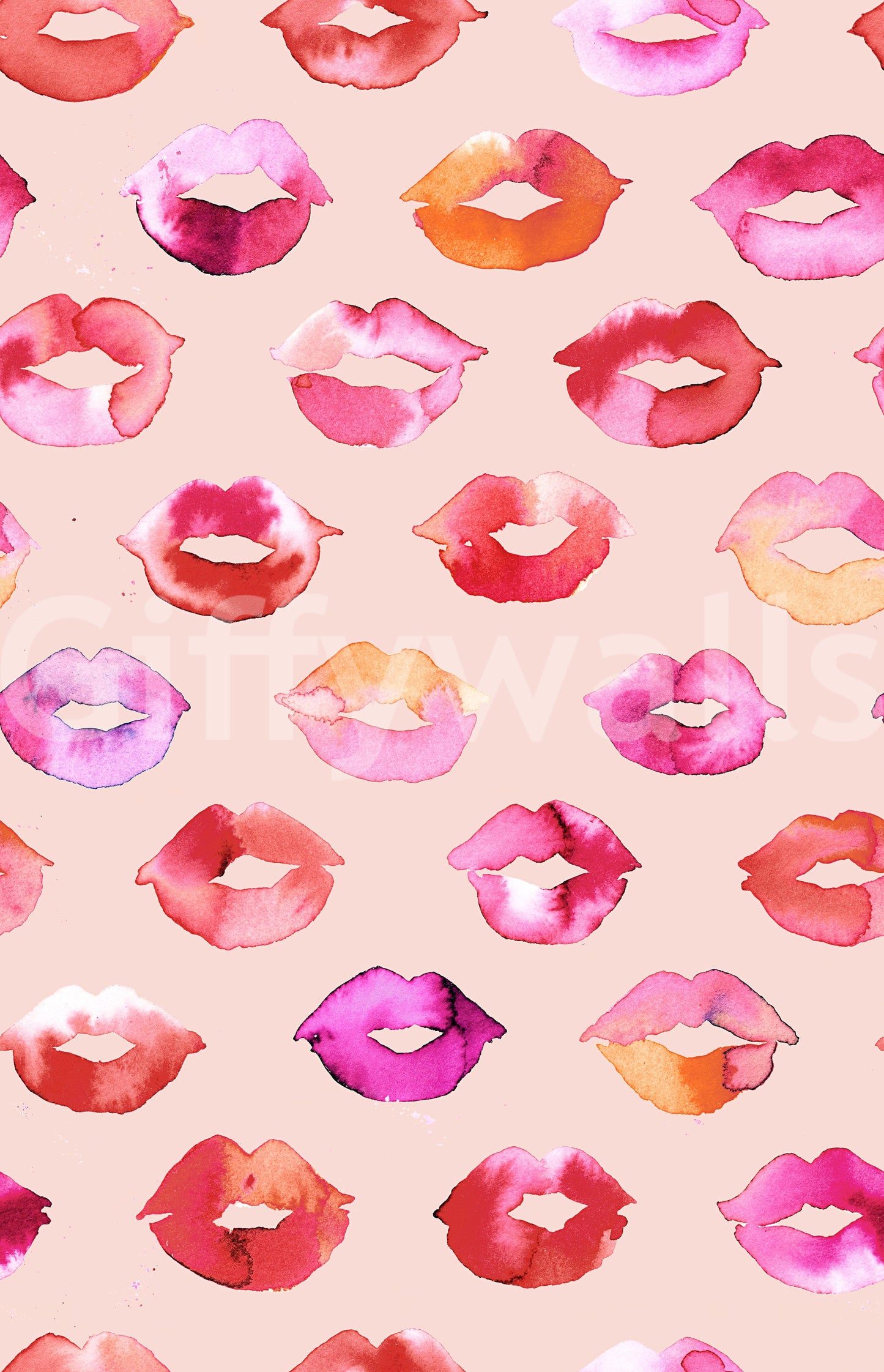 Romantic and playful wall mural featuring lipstick marks.

