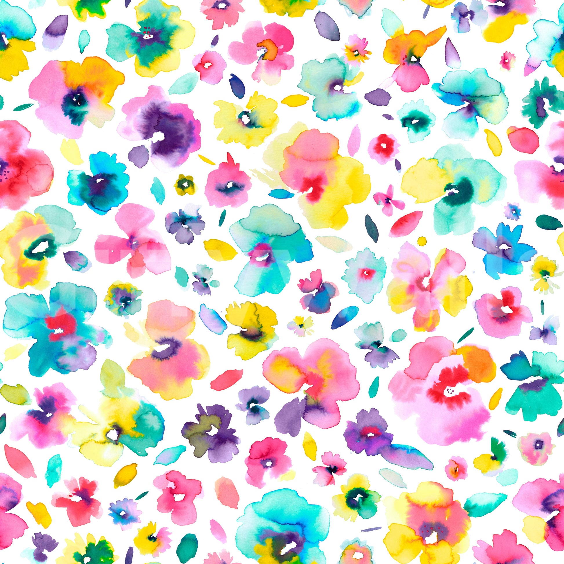 Watercolor flowers wallpaper with an island-inspired palette.

