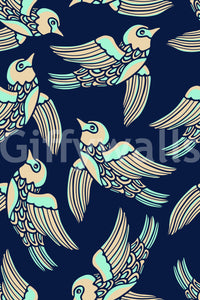Modern, nature-inspired wallpaper featuring birds in flight on a mint, beige, and blue canvas.

