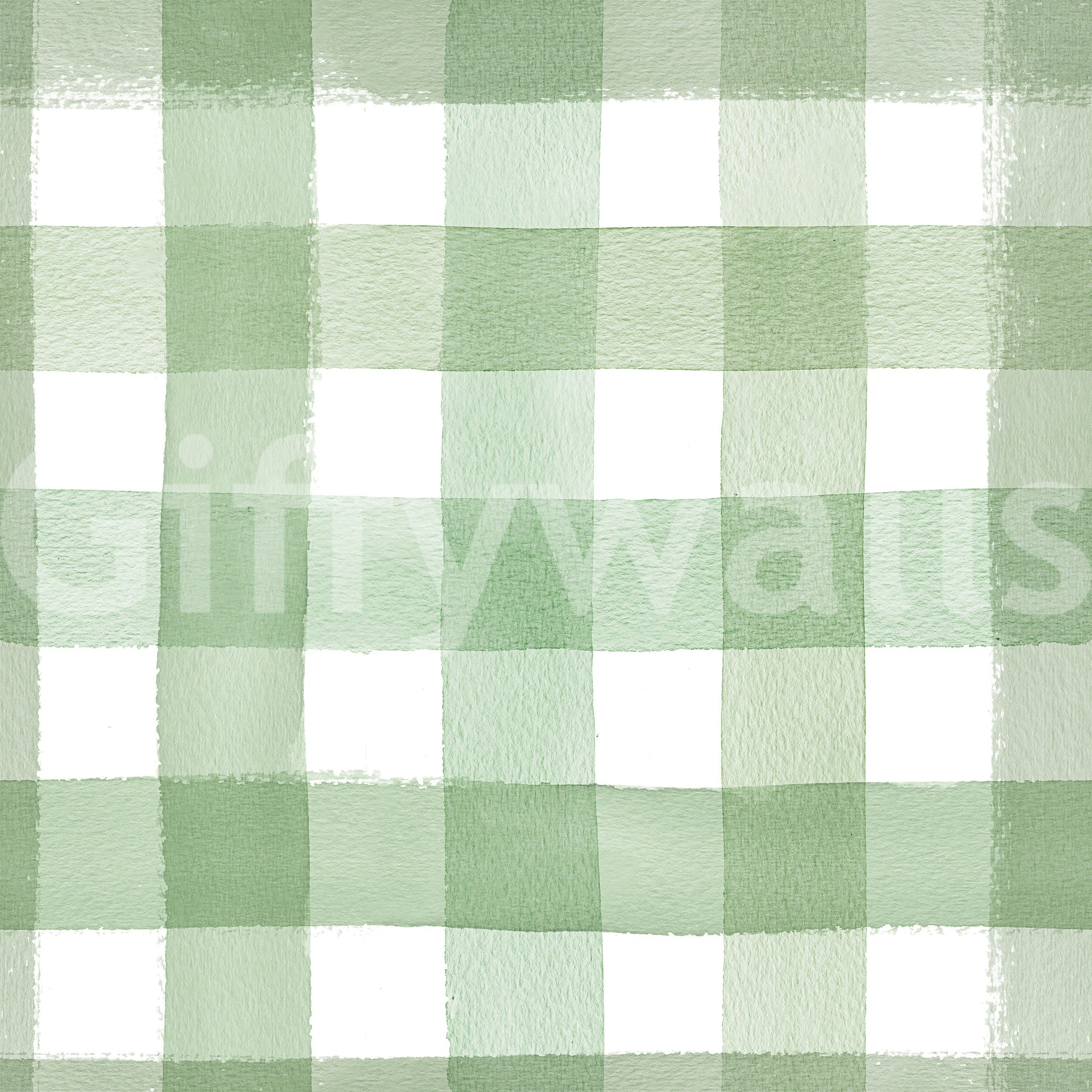Close-up of watercolor gingham checks in calm green tones.

