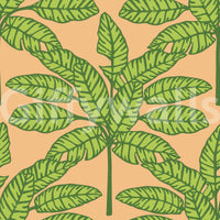 Fun, colorful tropical design with green palm fronds and orange foliage.

