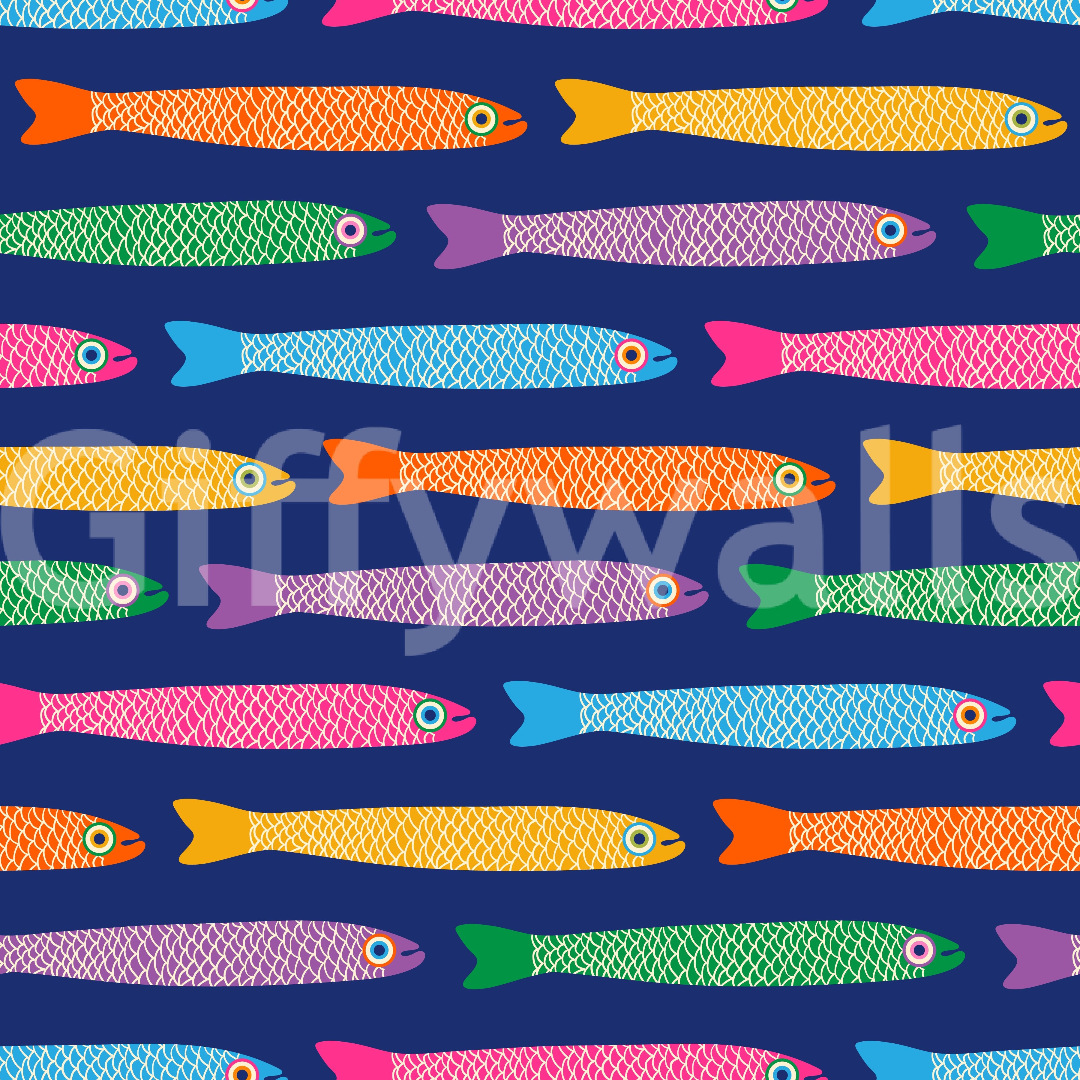 Fun fish wallpaper featuring bright rainbow colors and a blue background.

