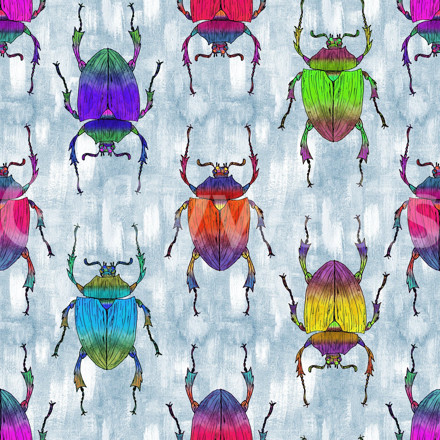 Light blue mural wallpaper with vibrant bugs

