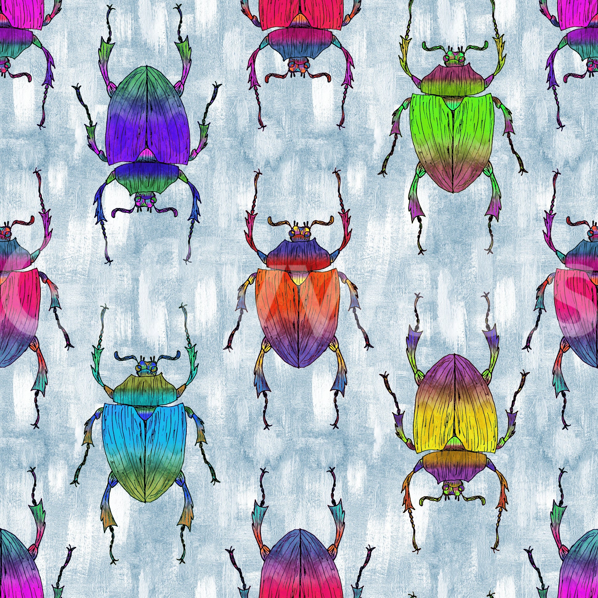 Light blue mural wallpaper with vibrant bugs

