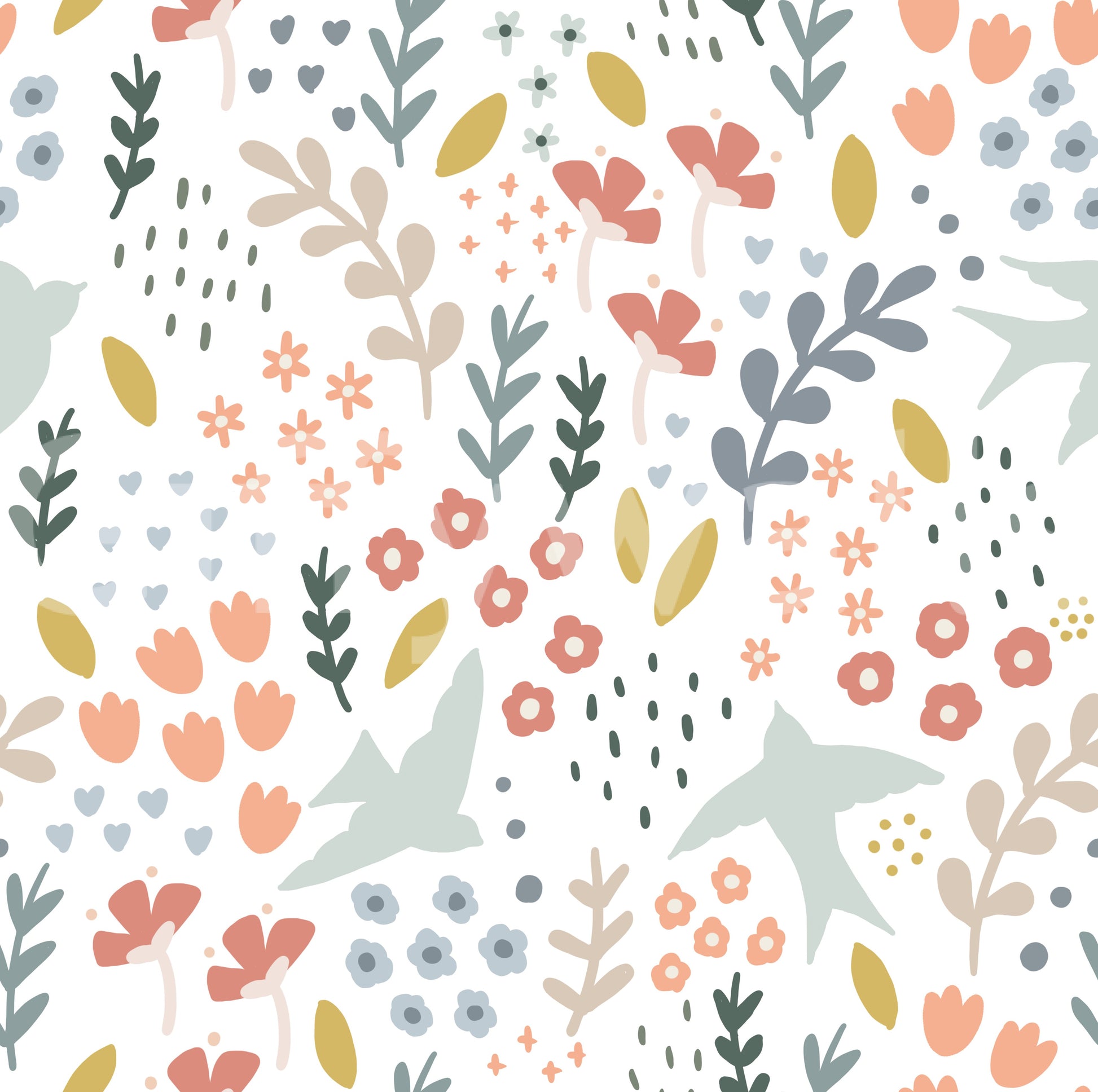 Cheerful Bellbird Springtime floral wallpaper for any room.

