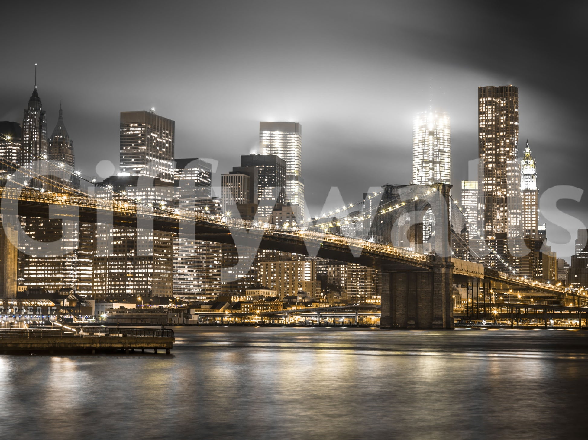 Manhattan view mural from under the Brooklyn Bridge

