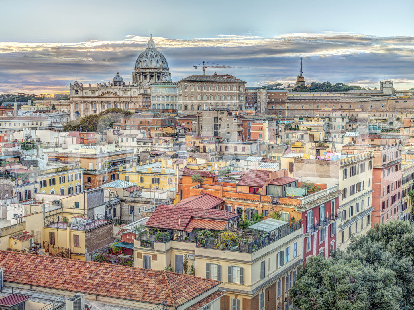 Rooftop view of Vatican City mural with domed basilica

