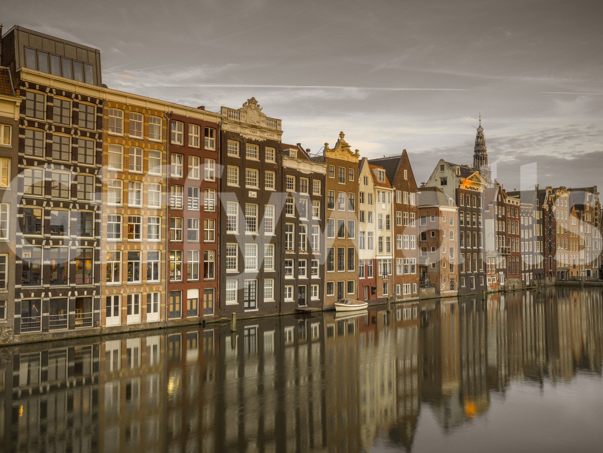 Stunning reflection of Dutch architecture in a tranquil canal wall mural.

