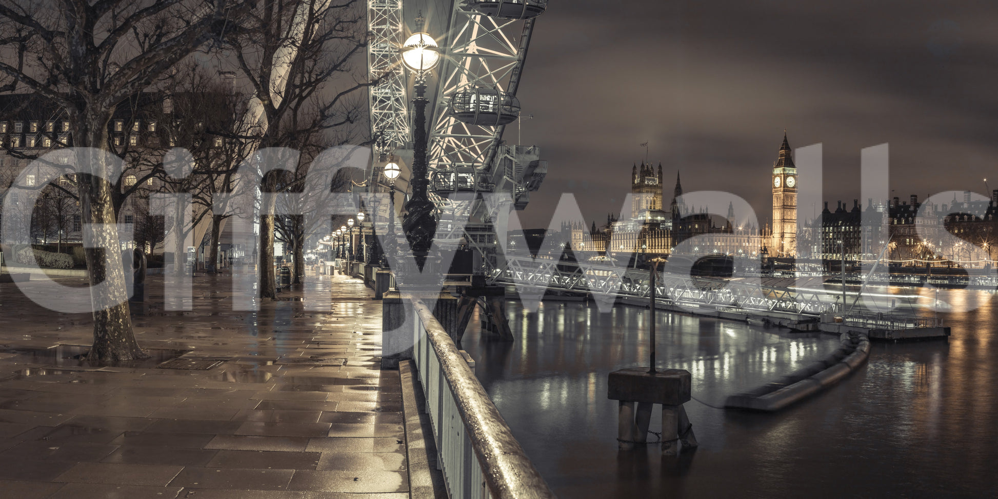 Elegant London cityscape at night with Thames River wall mural.

