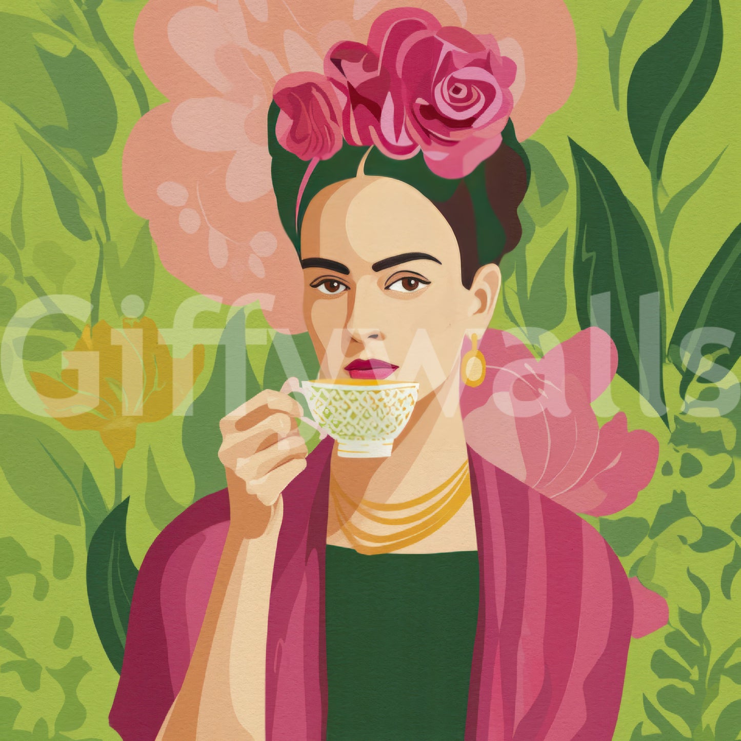 Empowering wall art of woman and tropical blooms

