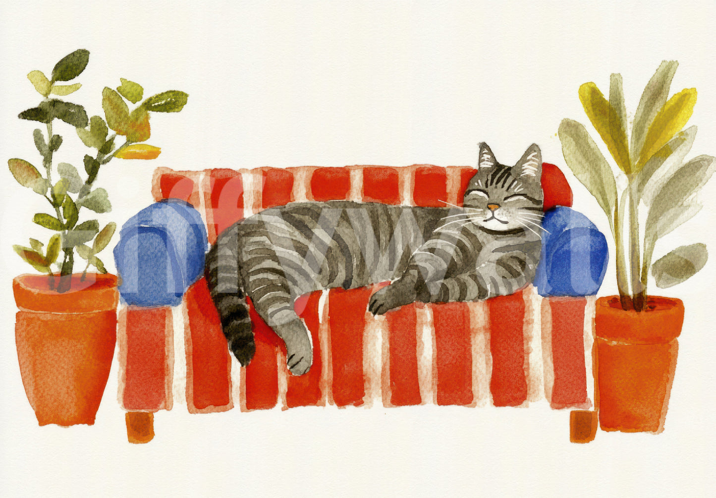 Serene living space with cozy cat wall art

