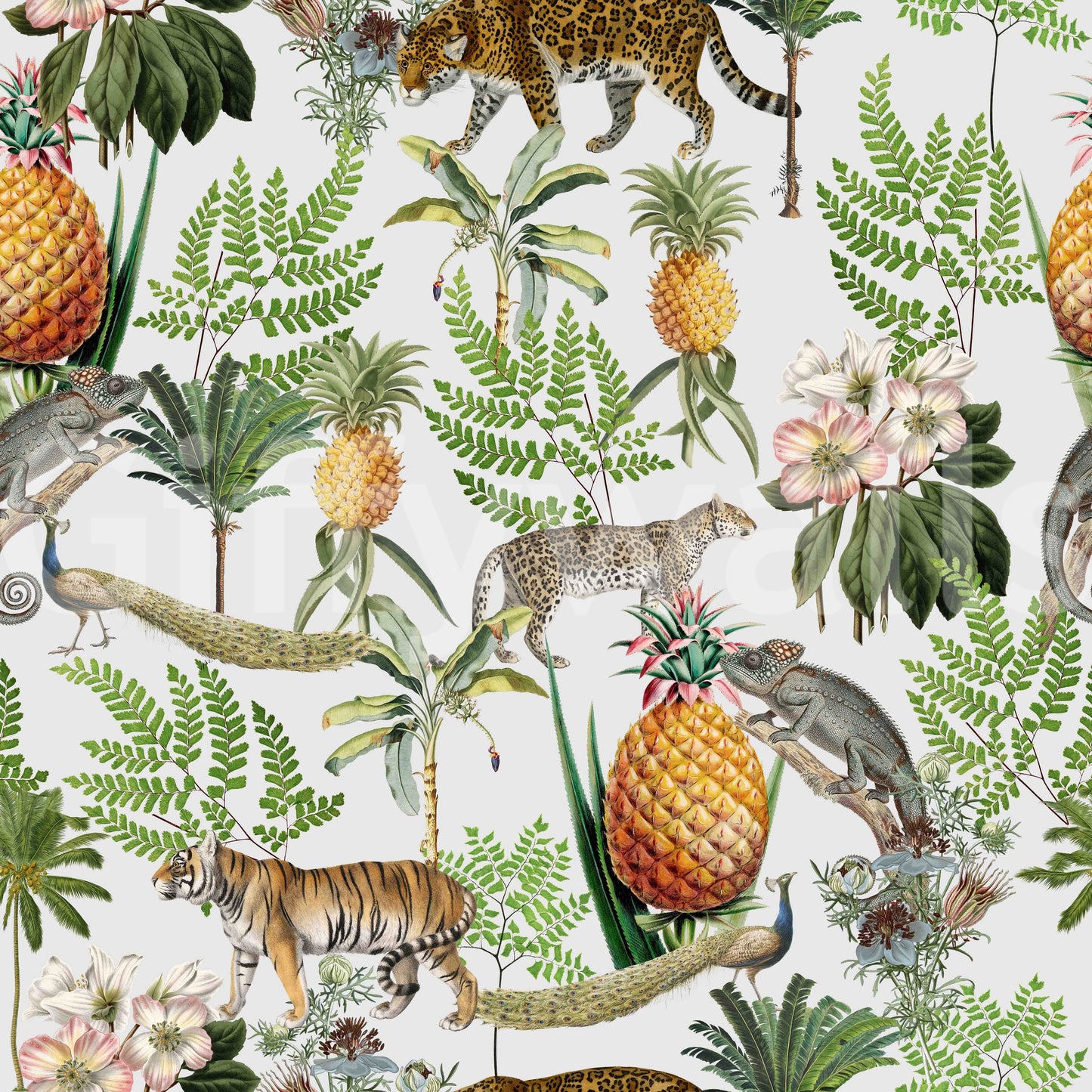 Hand-drawn savanna wildlife in scenic wallpaper

