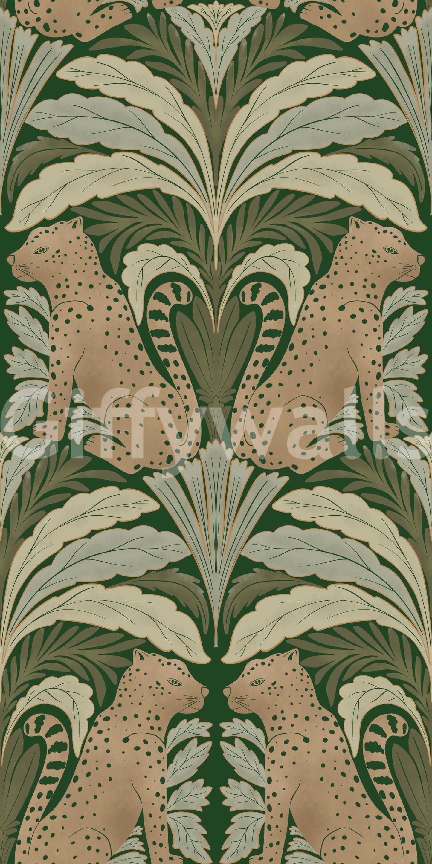 Wallpaper with twin leopards and stylized florals

