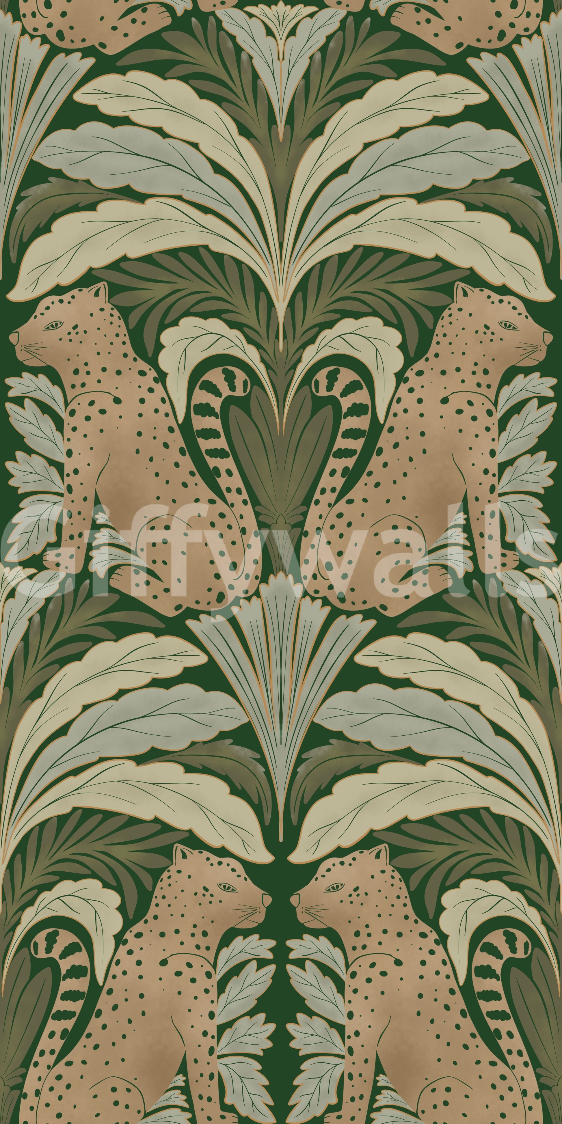 Wallpaper with twin leopards and stylized florals

