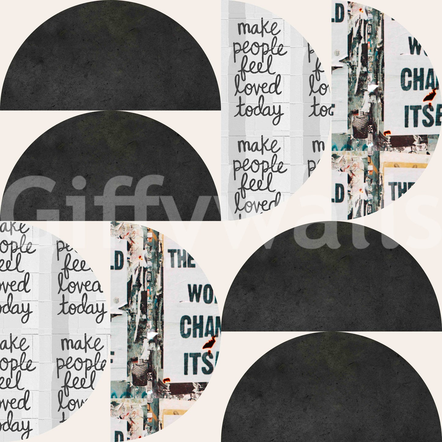 Modern art wallpaper featuring words and geometry

