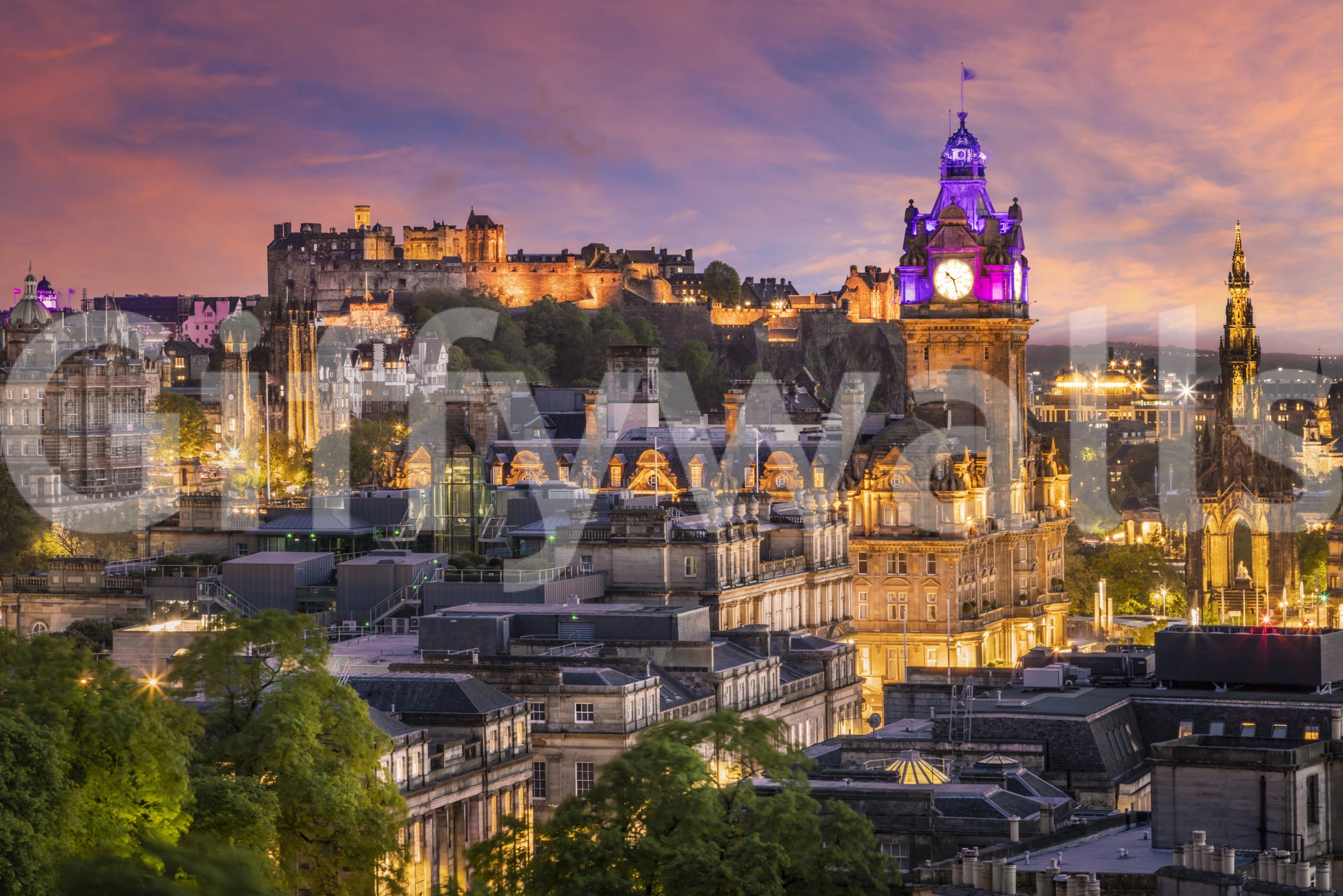 Edinburgh sunset scene mural for living room decor

