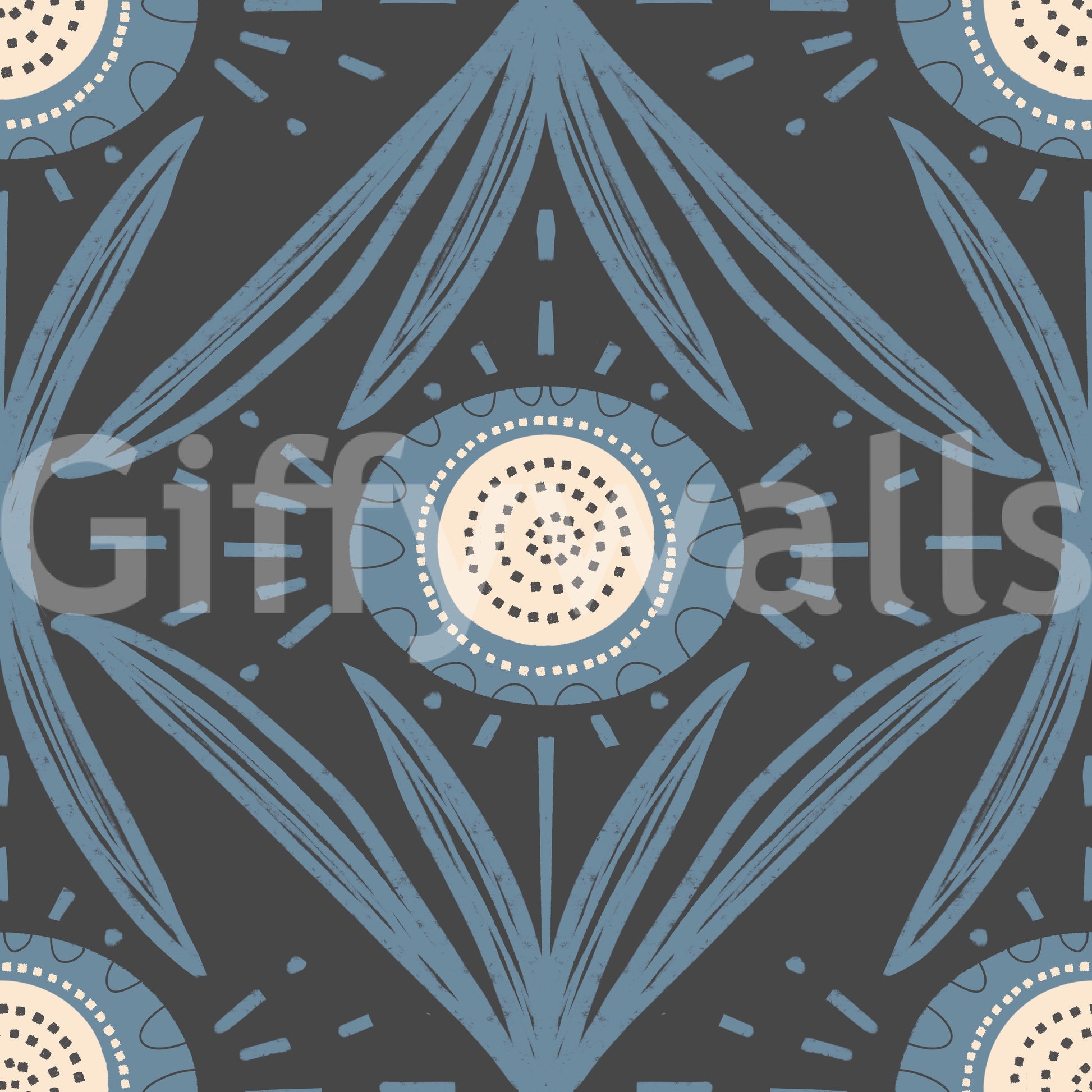 Retro wall design with blue floral motifs
