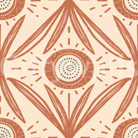 Cottage-style mural wallpaper in warm tones
