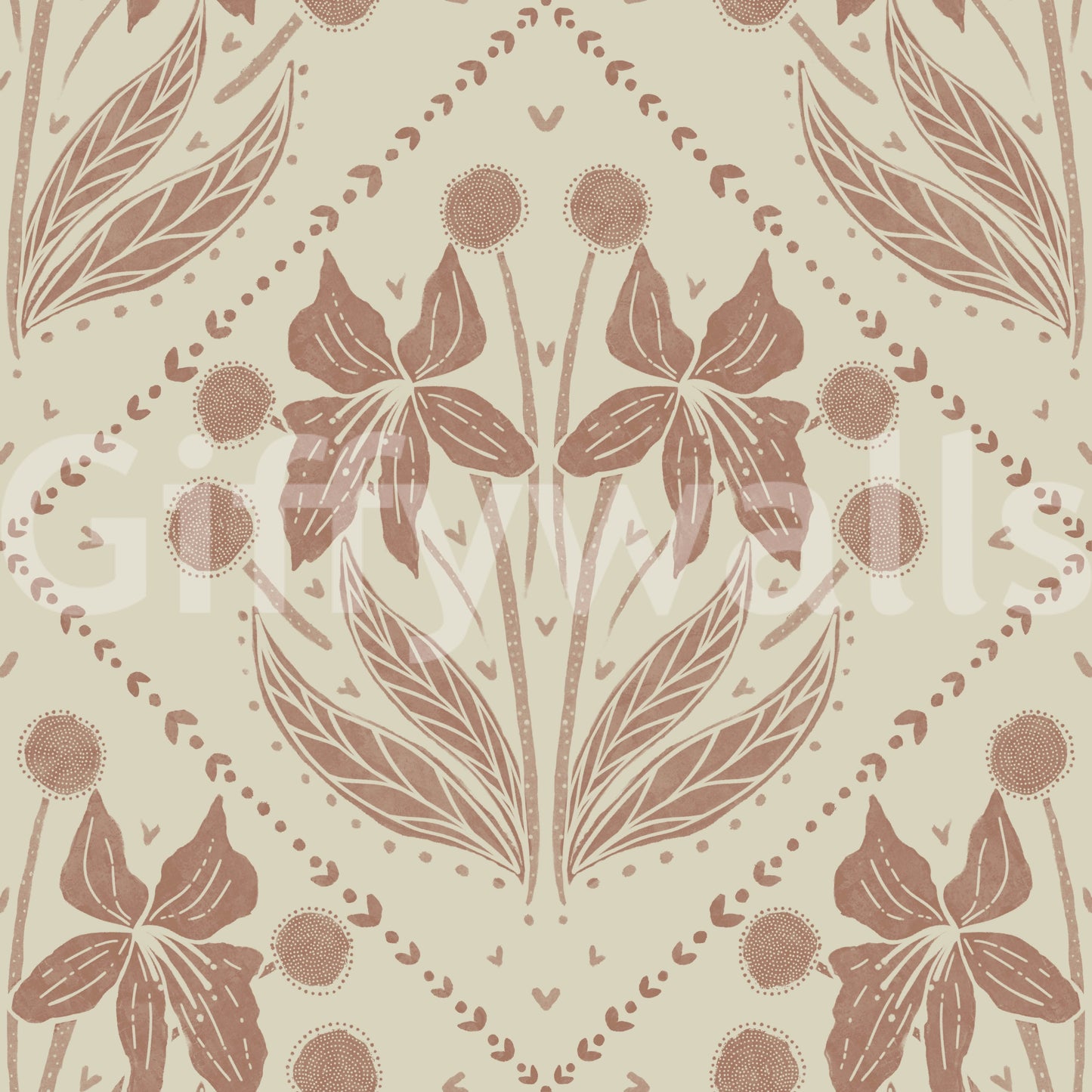 Beautiful floral design on terracotta wallpaper for a warm look

