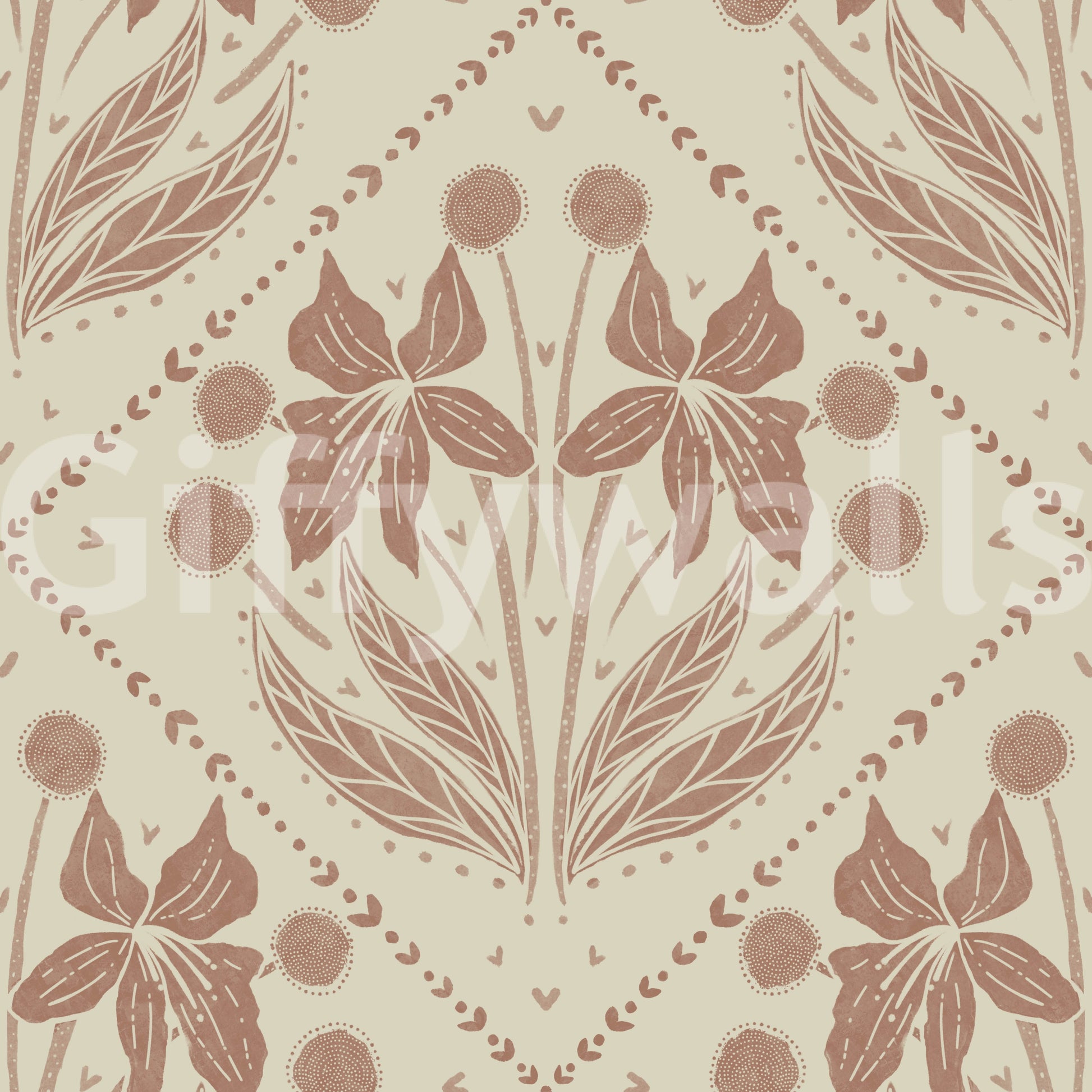 Beautiful floral design on terracotta wallpaper for a warm look

