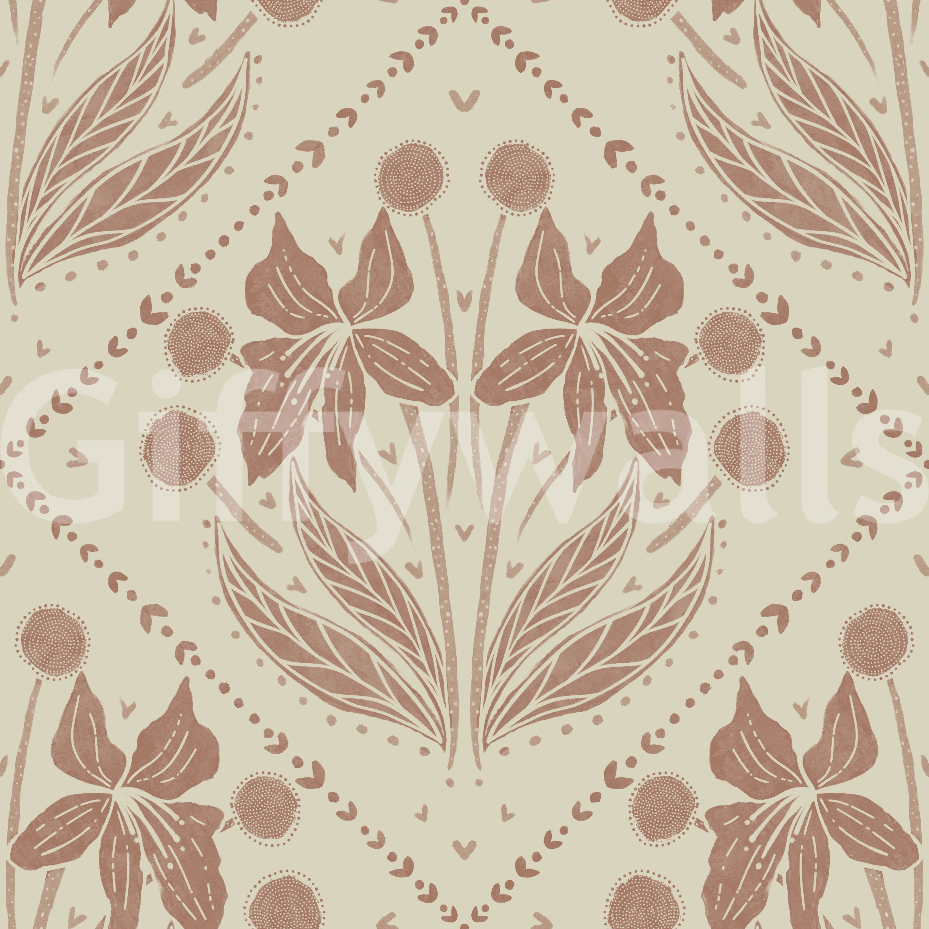 Beautiful floral design on terracotta wallpaper for a warm look

