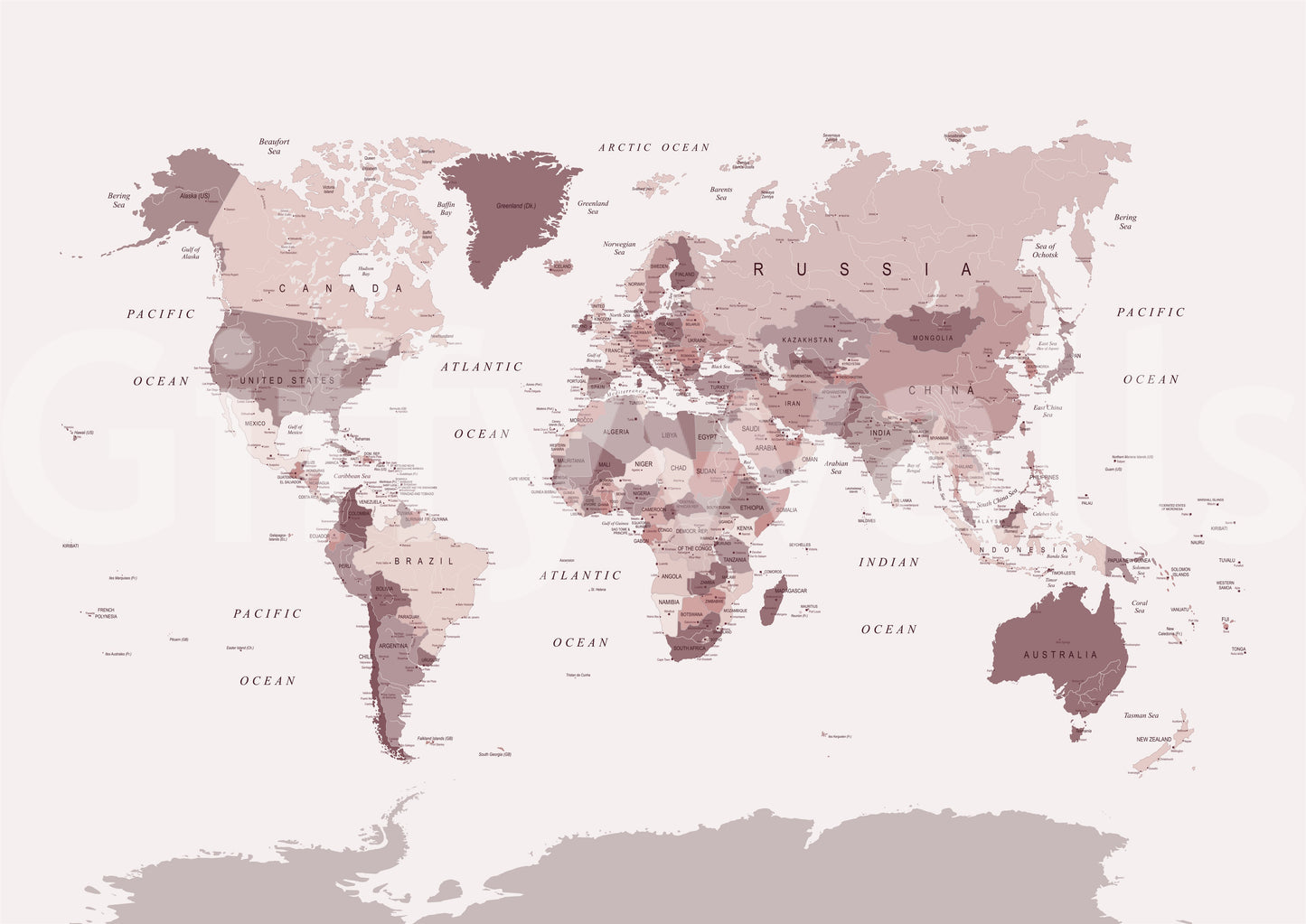 World geography wall mural in blush tones

