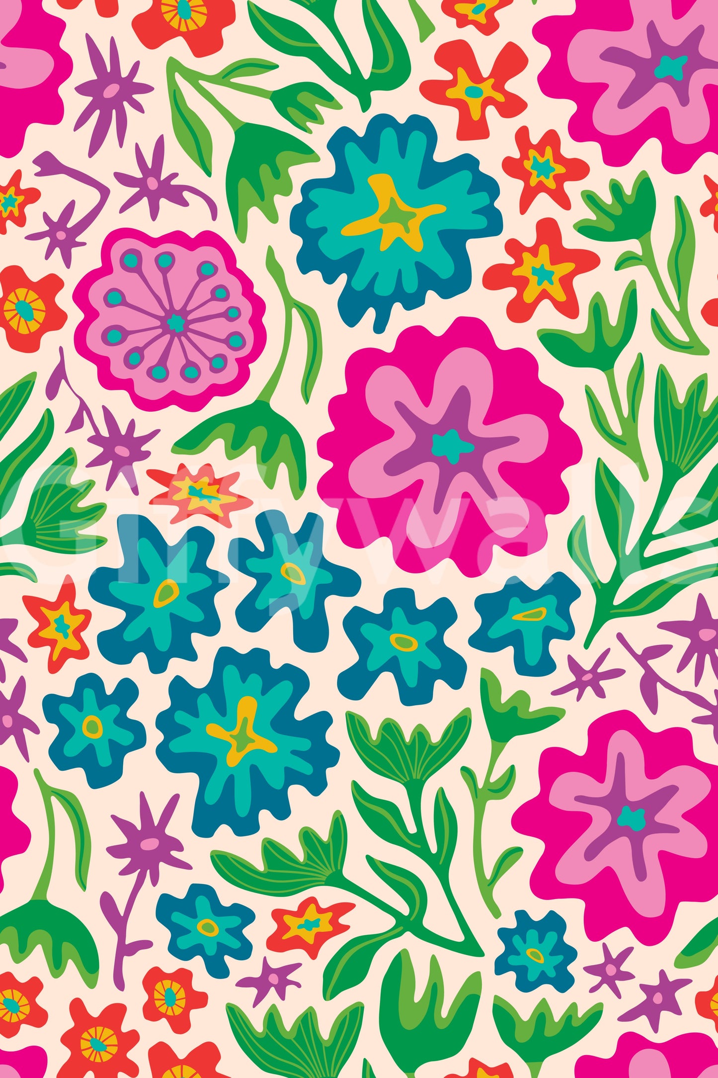 Floral wallpaper with a cheerful, colorful contrast.

