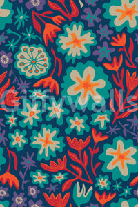 Floral wallpaper with a powerful, multi-colored contrast.

