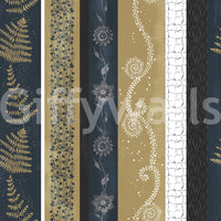 Wallpaper with a mix of earthy and navy tones.

