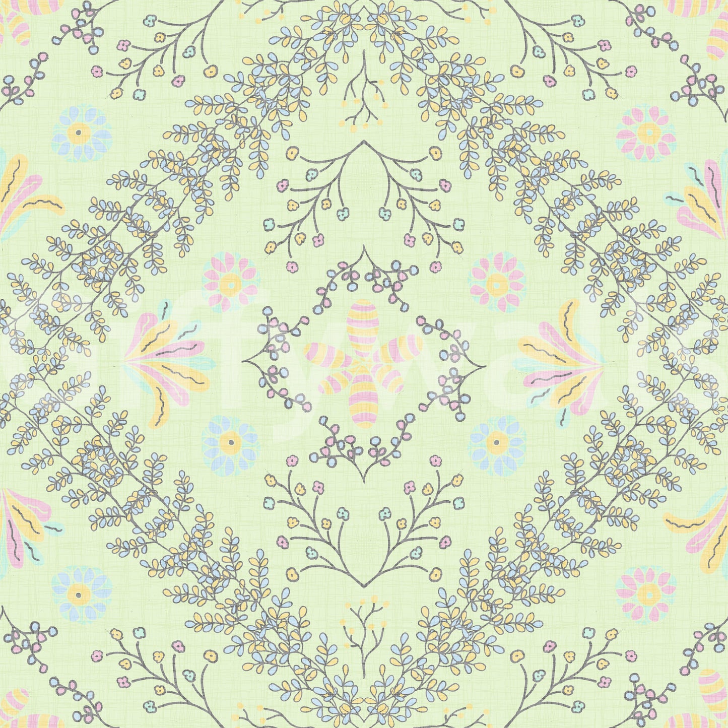 botanical motifs on a green background

