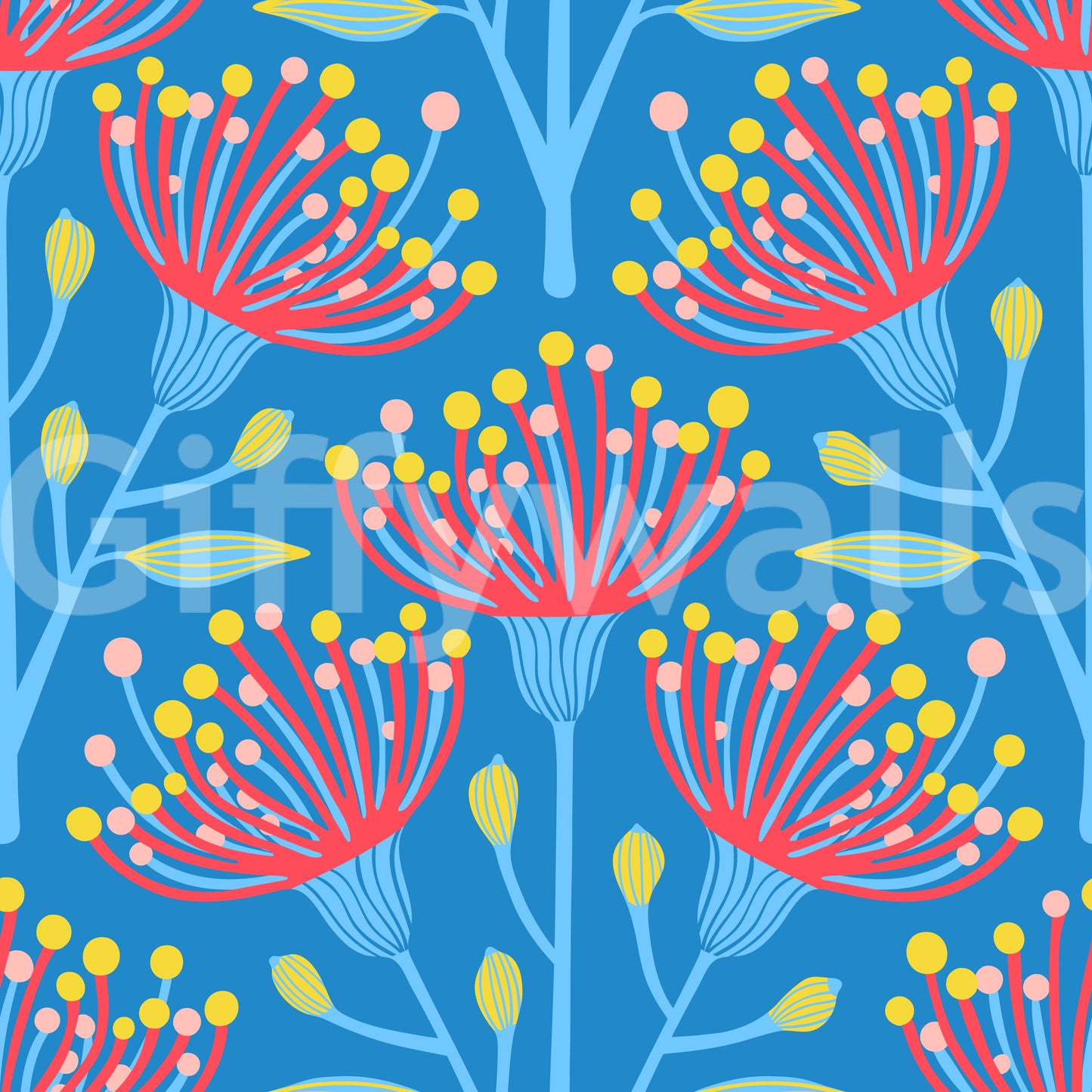 Eucalyptus Floral Botanical Icy Blue Red Yellow Pink on Bright Blue Wallpaper⁠