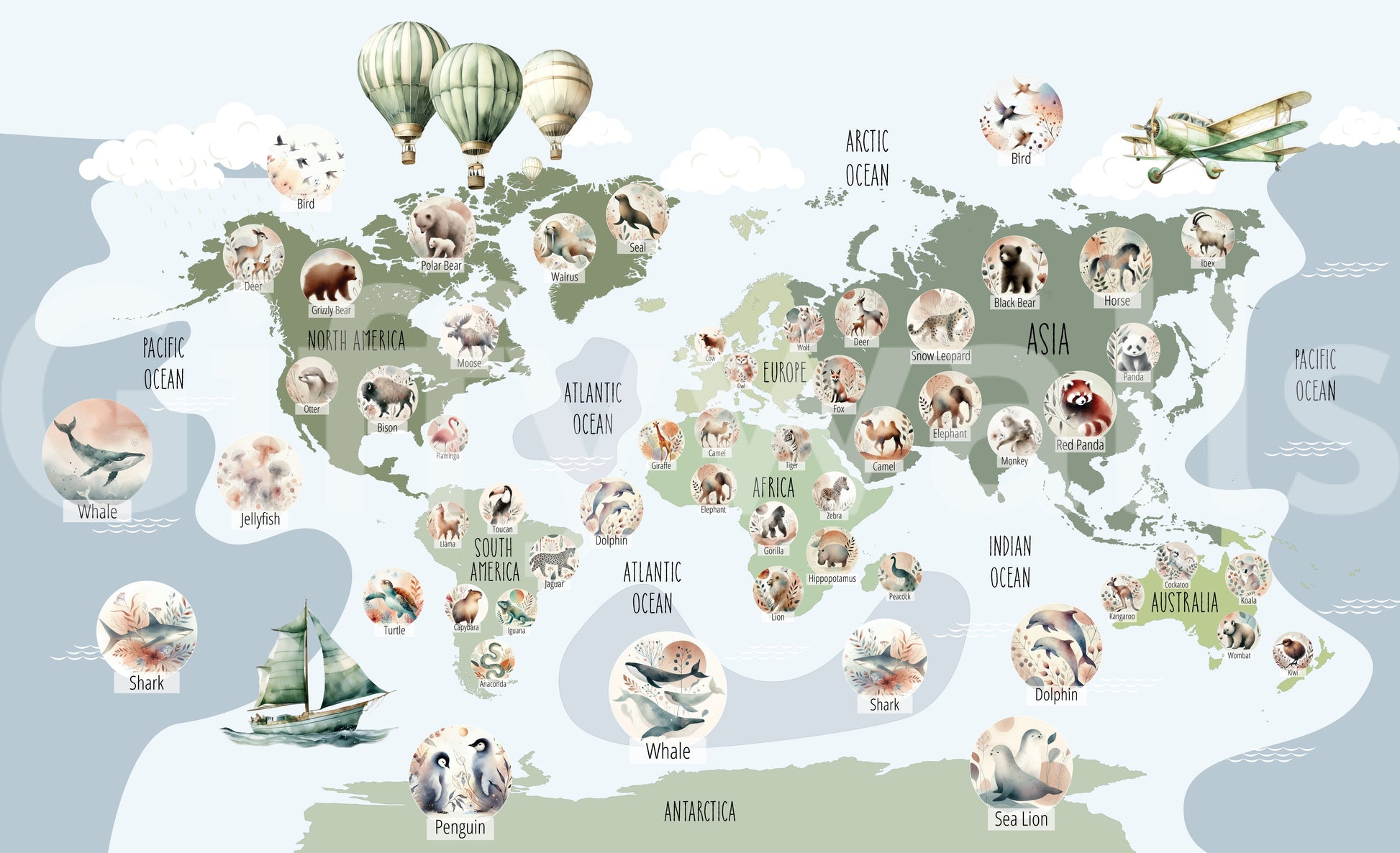 A stylish adventure map wall mural with animals.

