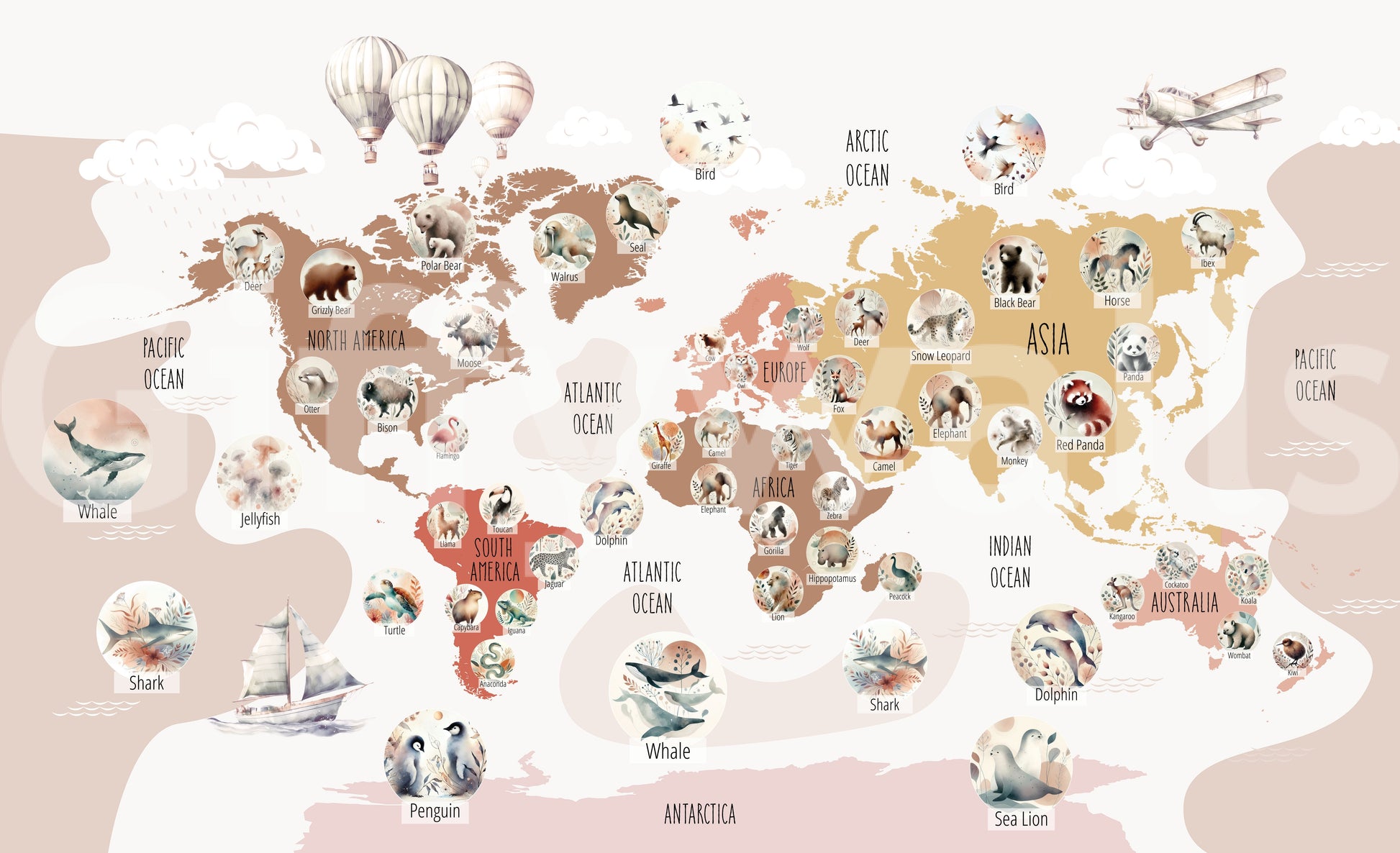 A stylish bohemian map wall mural with animals.

