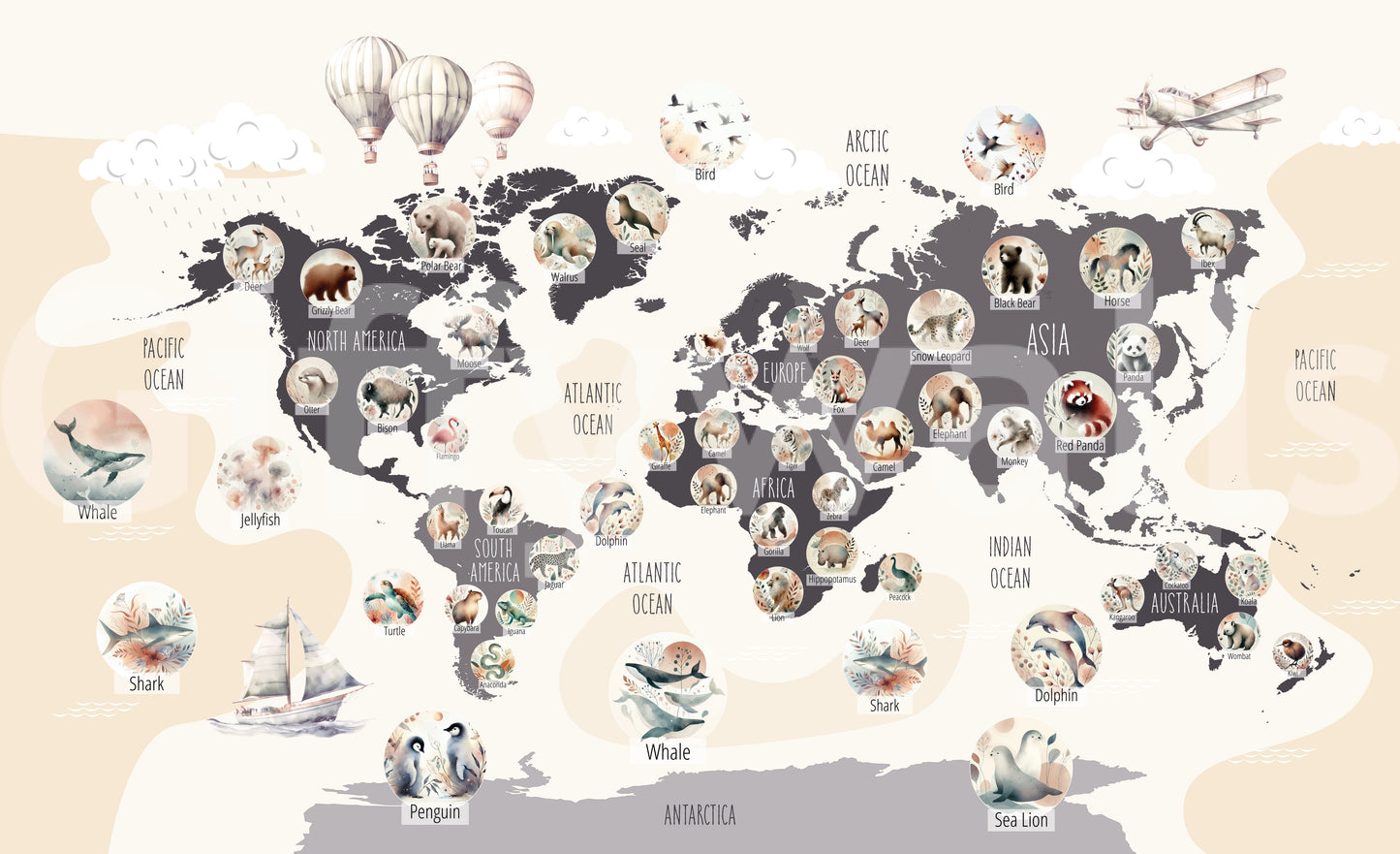A stylish animal map wallpaper for a kid's room.

