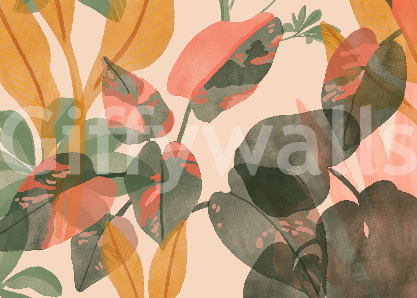 A calming foliage design wallpaper mural that defines a space.


