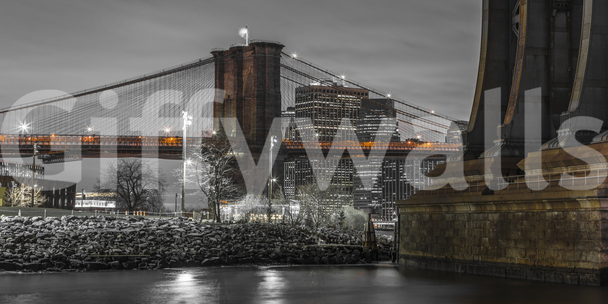 Robust stonework Brooklyn Bridge Nights wallcovering detailed structural elements.