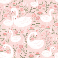 Artistic swan and garden illustration with soft colors and fantasy charm.