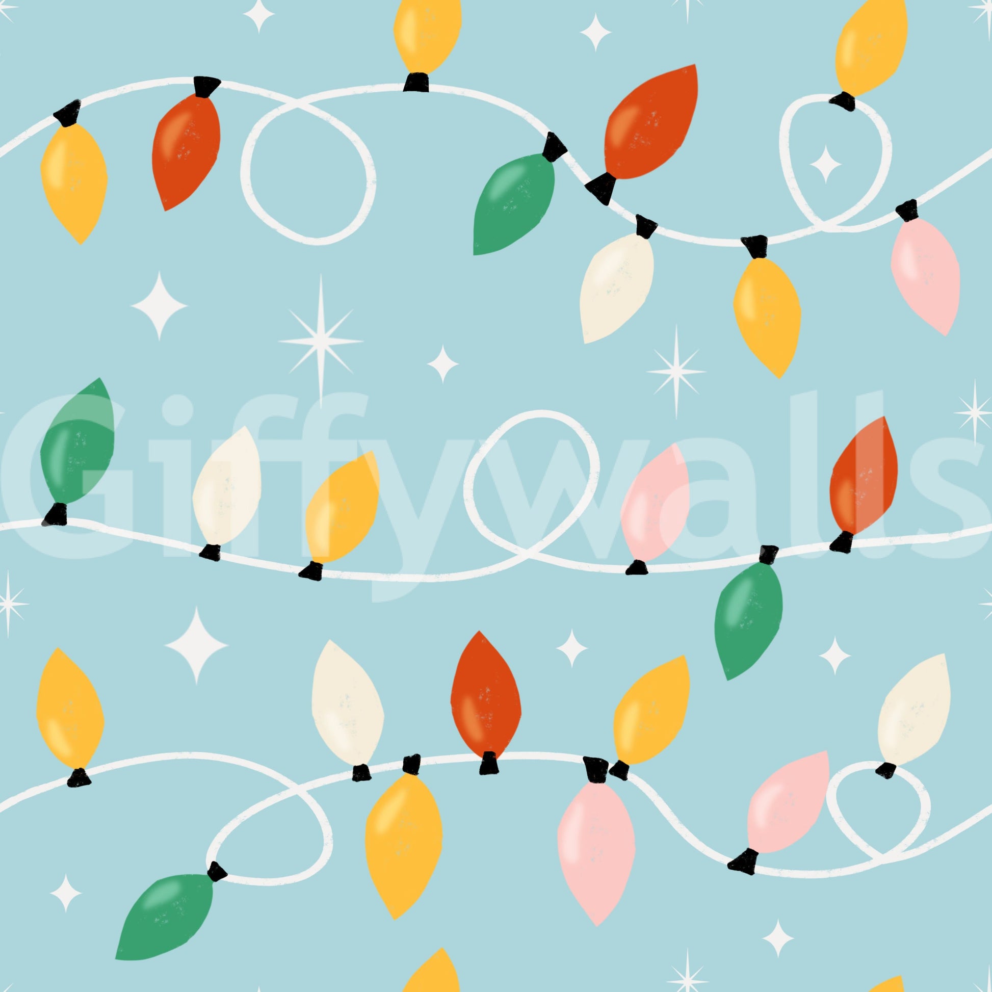 A lively wallpaper design with strands of colorful bulbs arranged in playful curved lines.