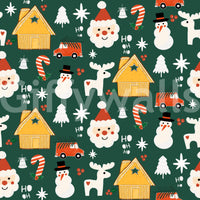 A vibrant Christmas wallpaper decorated with seasonal elements including candy canes, Santa, and snowy cabins.