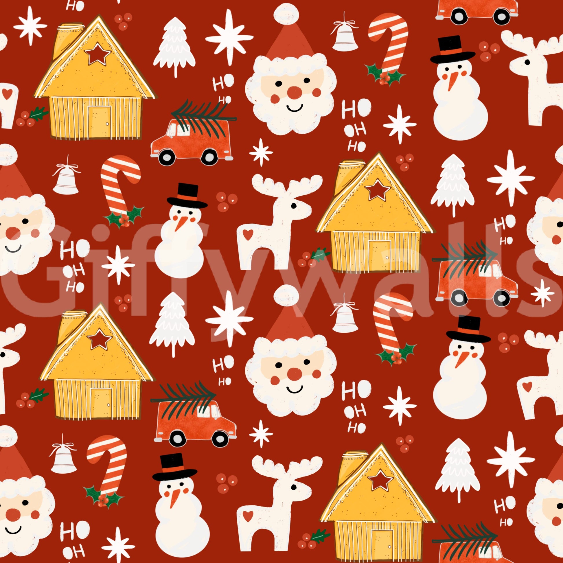 A cheerful Christmas wallpaper combining vintage-style huts, festive icons, and classic red holiday color.